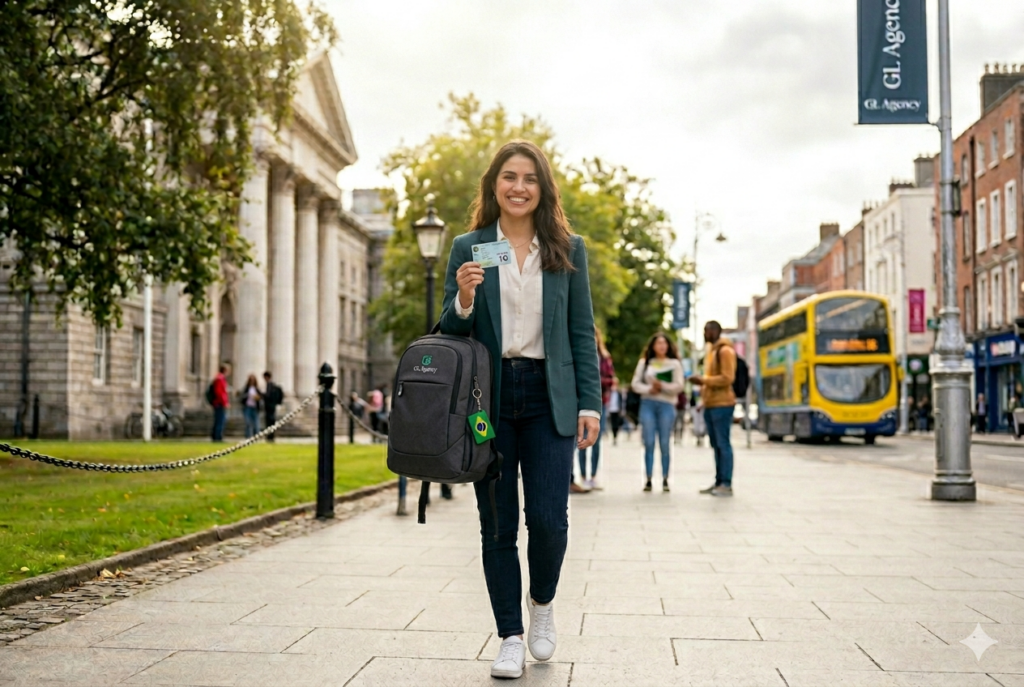Jovem profissional em rua movimentada de Dublin com ônibus amarelo ao fundo, celebrando a aprovação do visto Graduate Stamp 1G após graduação