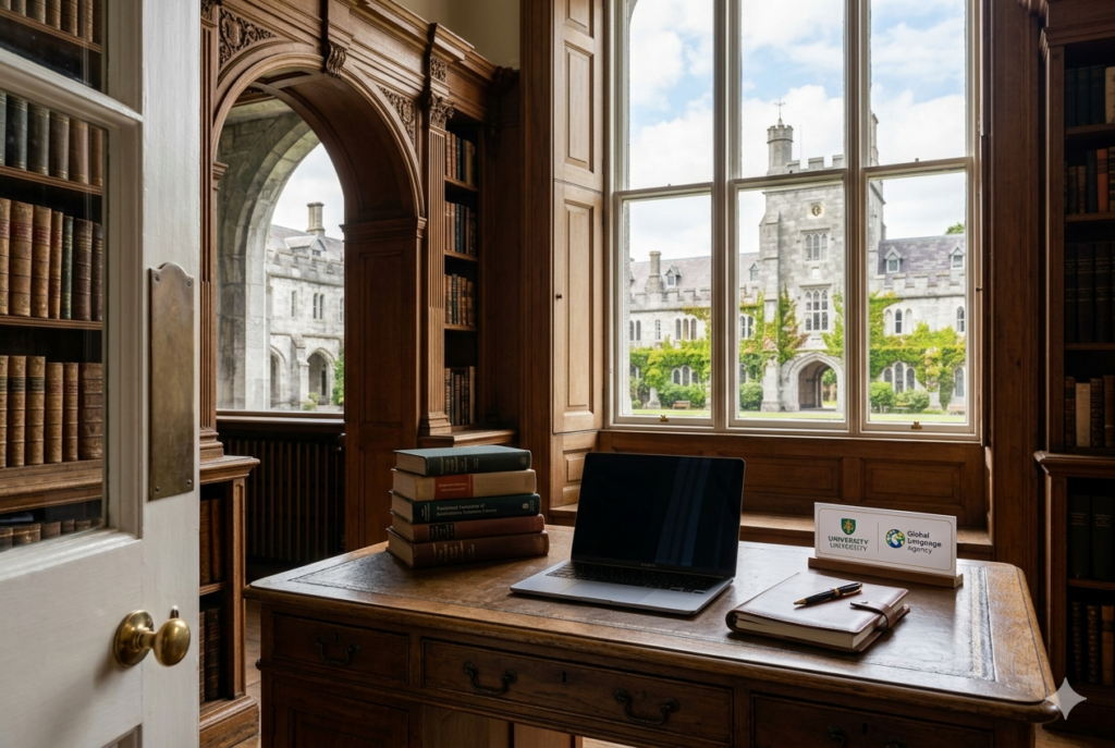 Uma mão segura um passaporte brasileiro e documentos traduzidos com o selo "Global Language Agency", com vista de fundo para a Trinity College e o centro histórico de Dublin, Irlanda
