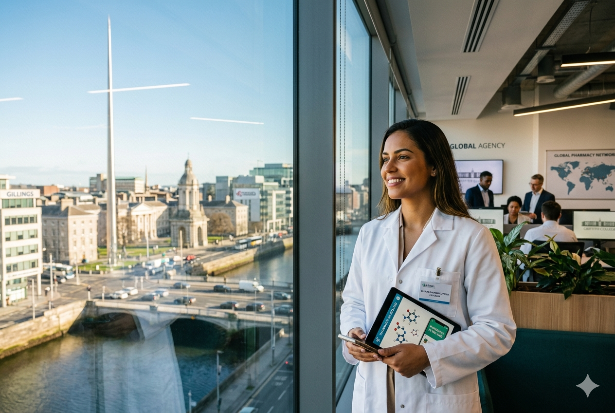 Uma farmacêutica brasileira profissional em um jaleco branco olha com confiança por uma grande janela de escritório com vista para o centro de Dublin, na Irlanda, incluindo o rio Liffey e Trinity College. Ela segura um tablet com dados moleculares. O escritório tem a marca da Global Agency.