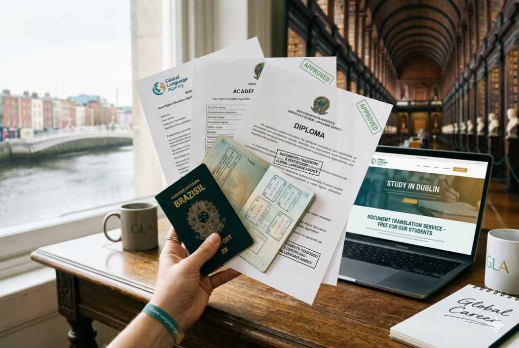 Uma mão segura um passaporte brasileiro e documentos traduzidos com o selo "Global Language Agency", com vista de fundo para a Trinity College e o centro histórico de Dublin, Irlanda