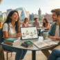 Estudantes brasileiros sorrindo em um café moderno em Dublin, conversando sobre intercâmbio. Uma jovem segura um tablet que mostra um infográfico com o caminho do Pathway. Sobre a mesa, há livros de estudo, um copo de café com o logotipo da GL Agency e um passaporte brasileiro verde em destaque. No canto superior direito da imagem, está o logotipo oficial da GL Agency.