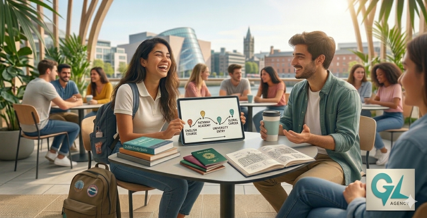 Estudantes brasileiros sorrindo em um café moderno em Dublin, conversando sobre intercâmbio. Uma jovem segura um tablet que mostra um infográfico com o caminho do Pathway. Sobre a mesa, há livros de estudo, um copo de café com o logotipo da GL Agency e um passaporte brasileiro verde em destaque. No canto superior direito da imagem, está o logotipo oficial da GL Agency.