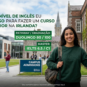 Estudante sorridente de intercâmbio em um campus universitário de Dublin, na Irlanda, segurando uma mochila. Ao fundo, uma placa indicando 'Campus Admissions' e edifícios históricos de tijolos no estilo irlandês. Sobreposta à imagem, há uma caixa de texto explicativa detalhando os requisitos de pontuação do Duolingo e IELTS para os cursos de Pathway, Graduação e Master.