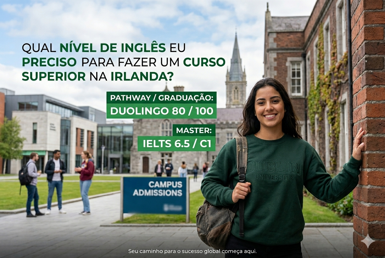 Estudante sorridente de intercâmbio em um campus universitário de Dublin, na Irlanda, segurando uma mochila. Ao fundo, uma placa indicando 'Campus Admissions' e edifícios históricos de tijolos no estilo irlandês. Sobreposta à imagem, há uma caixa de texto explicativa detalhando os requisitos de pontuação do Duolingo e IELTS para os cursos de Pathway, Graduação e Master.