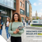 Estudantes em frente ao campus da Dublin Business School (DBS) em Dublin, na Irlanda. Em destaque, um banner promocional da Global Language Agency destacando desconto especial com bolsa de estudos de até €4.305,00 para cursos de Graduação Level 8, Mestrado Level 9, Inteligência Artificial, TI, Business e Marketing, além de informações sobre os vistos Stamp 2 e 1G.