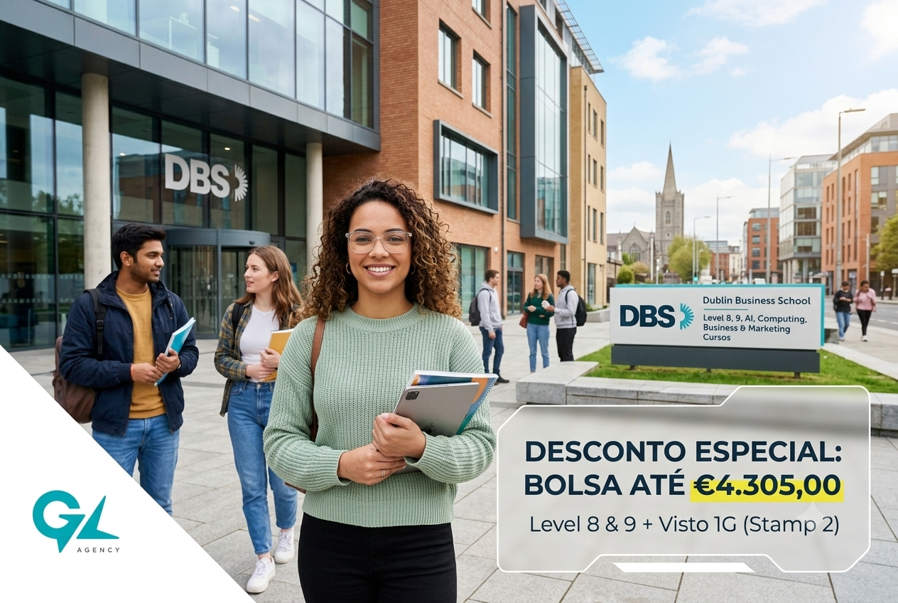 Estudantes em frente ao campus da Dublin Business School (DBS) em Dublin, na Irlanda. Em destaque, um banner promocional da Global Language Agency destacando desconto especial com bolsa de estudos de até €4.305,00 para cursos de Graduação Level 8, Mestrado Level 9, Inteligência Artificial, TI, Business e Marketing, além de informações sobre os vistos Stamp 2 e 1G.