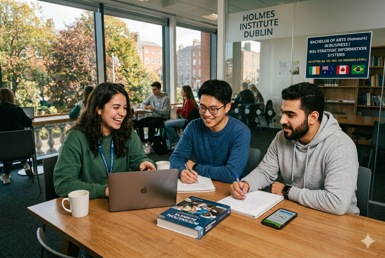 Estudantes internacionais de diferentes nacionalidades sorrindo e conversando ao redor de uma mesa de estudos com notebooks e cadernos. Ao fundo, uma grande janela de vidro exibe os prédios de tijolos no estilo vitoriano de Dublin 2 e as árvores do parque Merrion Square. Na parede interna de vidro, há um cartaz informativo sobre os cursos do Holmes Institute Dublin.