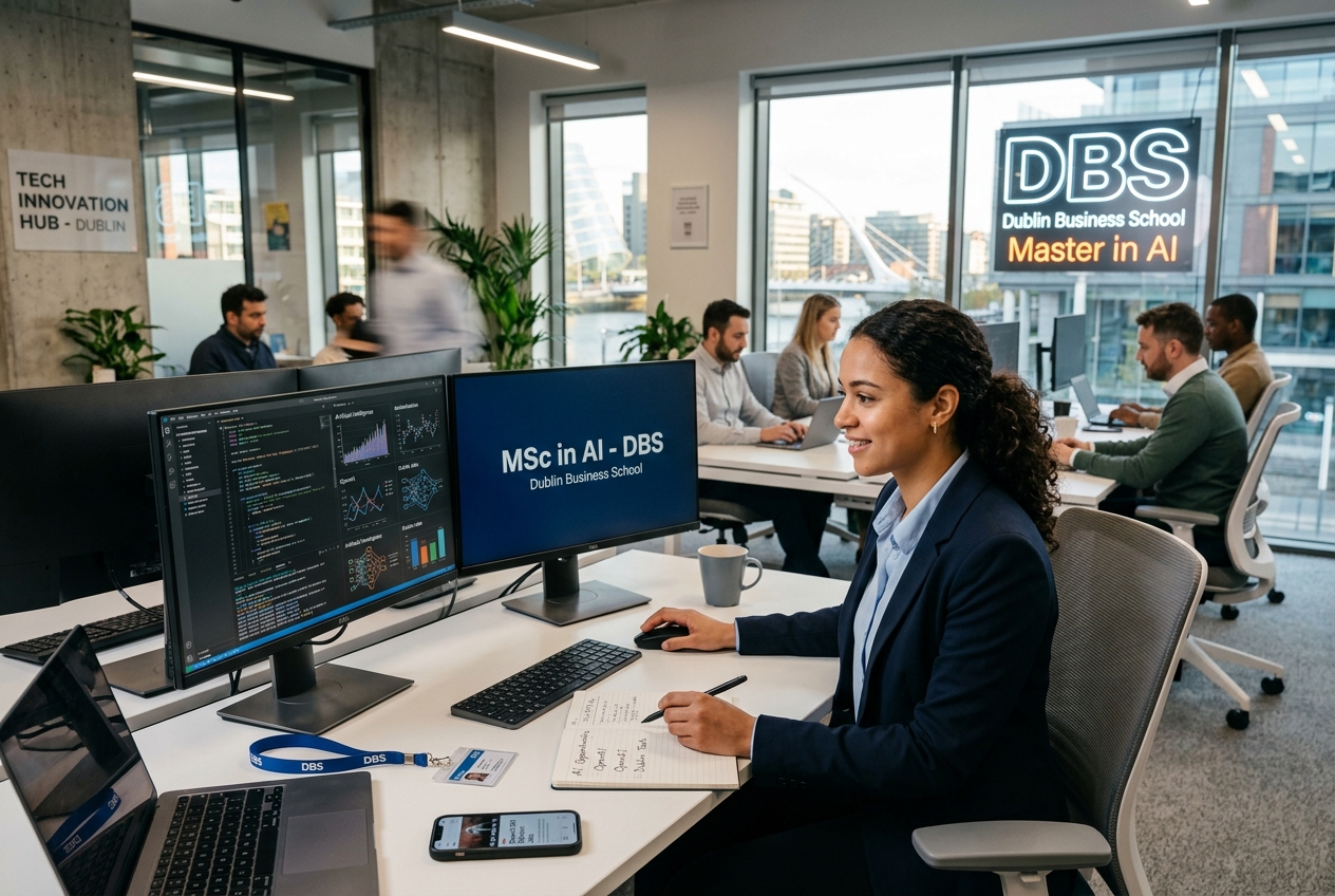 mulher trabalhando com AI na irlanda mercado atual m,aster DBS Dublin