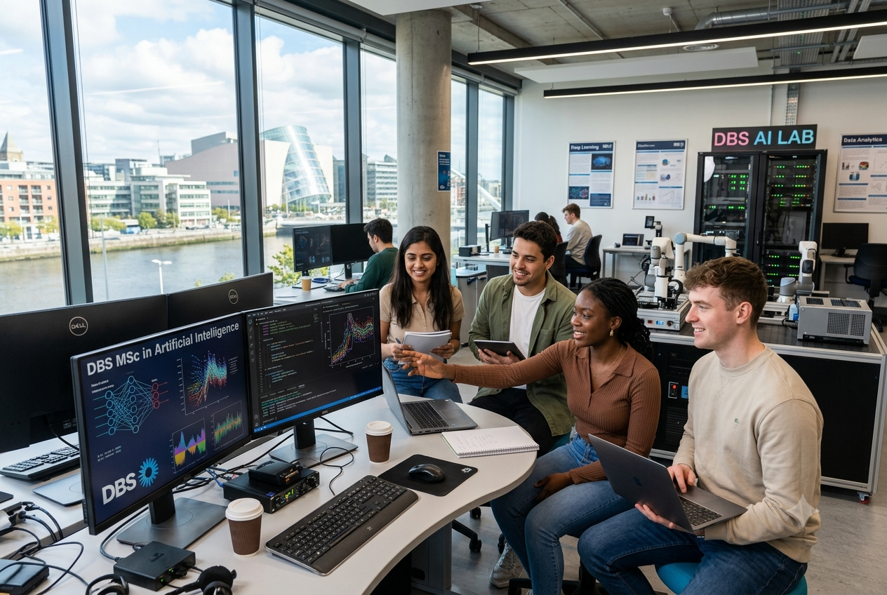 Uma imagem panorâmica do laboratório de IA da Dublin Business School (DBS), mostrando estudantes colaborando com computadores e servidores, com vista para o Rio Liffey e a cidade de Dublin.