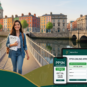 Um infográfico vibrante da Global Language Agency em tons de verde e dourado, focado no processo de obtenção do PPSN para estudantes brasileiros na Irlanda. À esquerda, uma ilustração de uma estudante brasileira segurando uma 'Carta da Escola' e caminhando sorridente pela Ponte Millennium, em Dublin, com as fachadas coloridas dos prédios ao longo do rio Liffey ao fundo. À direita, em um painel com elementos