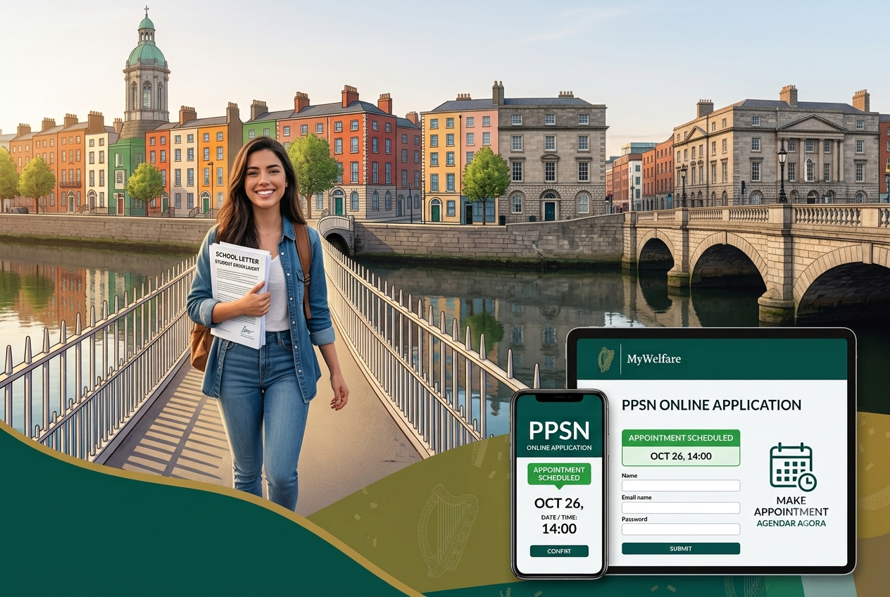 Um infográfico vibrante da Global Language Agency em tons de verde e dourado, focado no processo de obtenção do PPSN para estudantes brasileiros na Irlanda. À esquerda, uma ilustração de uma estudante brasileira segurando uma 'Carta da Escola' e caminhando sorridente pela Ponte Millennium, em Dublin, com as fachadas coloridas dos prédios ao longo do rio Liffey ao fundo. À direita, em um painel com elementos