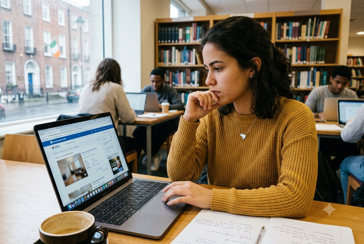 Estudante brasileira pesquisando vagas de aluguel na Irlanda no notebook para evitar golpes no Daft e Facebook.