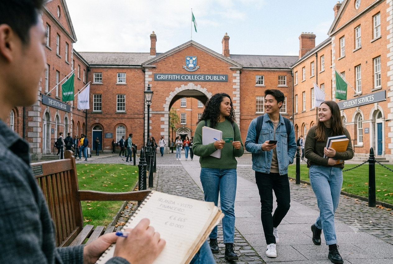 Três estudantes de intercâmbio caminhando sorridentes pelo pátio de tijolos à vista da faculdade Griffith College em Dublin, na Irlanda. Em primeiro plano, uma pessoa faz anotações em um caderno escrito "Irlanda - Visto Financeiro, €6.665, €10.000", ilustrando o planejamento financeiro para visto de estudante na Irlanda com o suporte da Global Language Agency.
