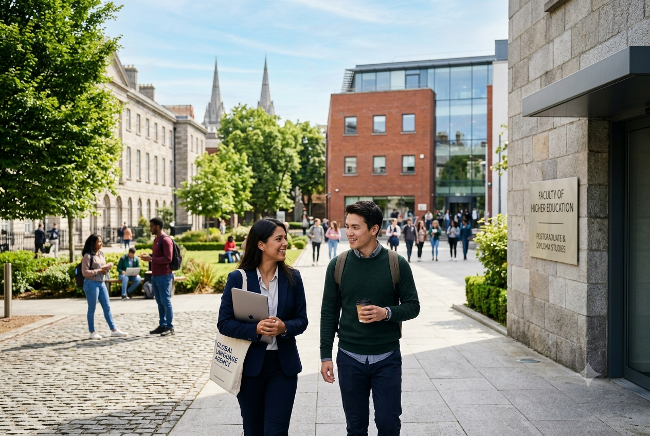 Dois estudantes internacionais caminhando e conversando pelo campus de uma faculdade na Irlanda, ilustrando a transição para o ensino superior e mercado de trabalho irlandês.