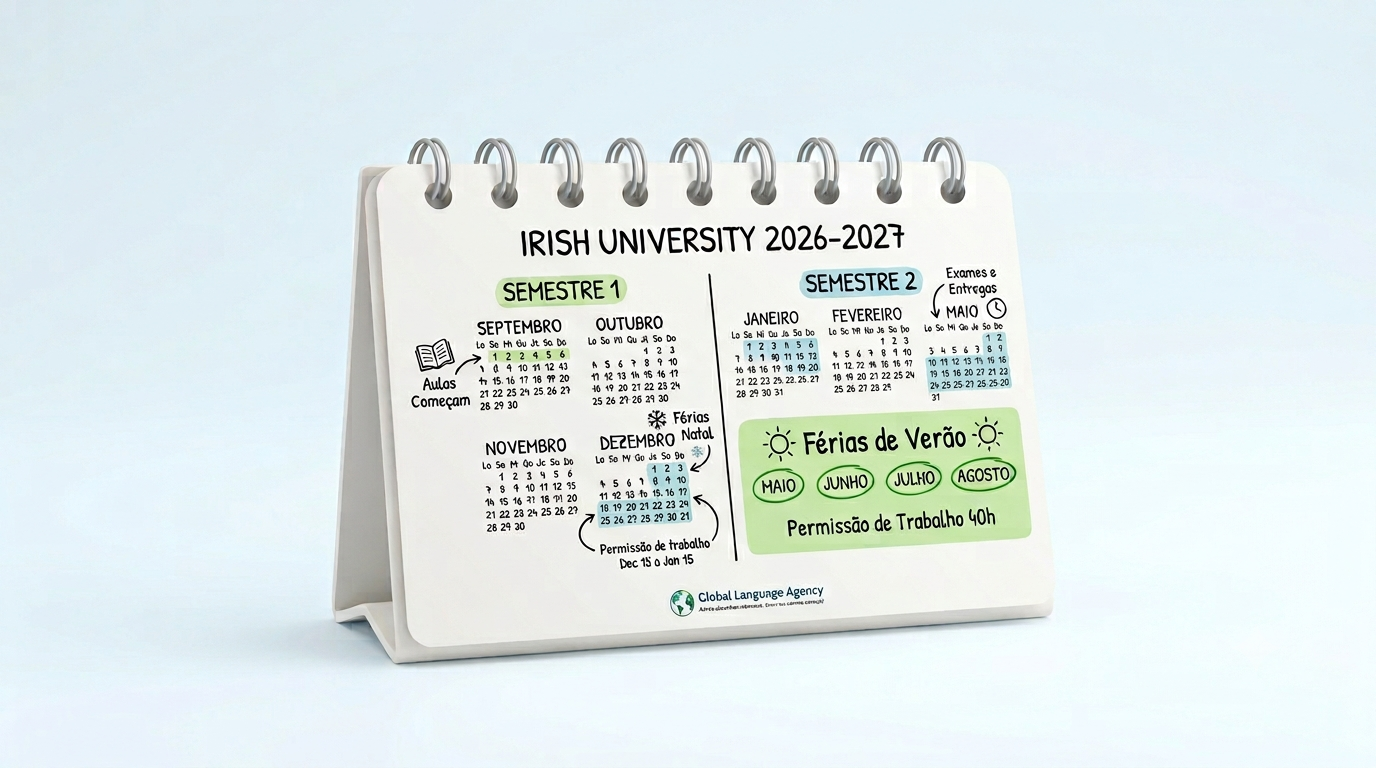 Calendário acadêmico de faculdade na Irlanda mostrando os semestres letivos, exames em maio e os meses de férias com permissão de trabalho de 40 horas semanais no visto Stamp 2.