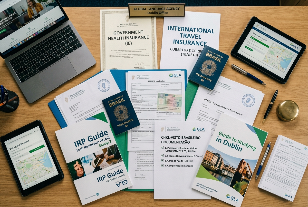 Ponto de vista aéreo de uma mesa de escritório organizada com documentos de visto de estudante para a Irlanda, incluindo Passaporte Brasileiro, Seguro Saúde Governamental, Seguro Viagem Internacional e Guias IRP da Global Language Agency