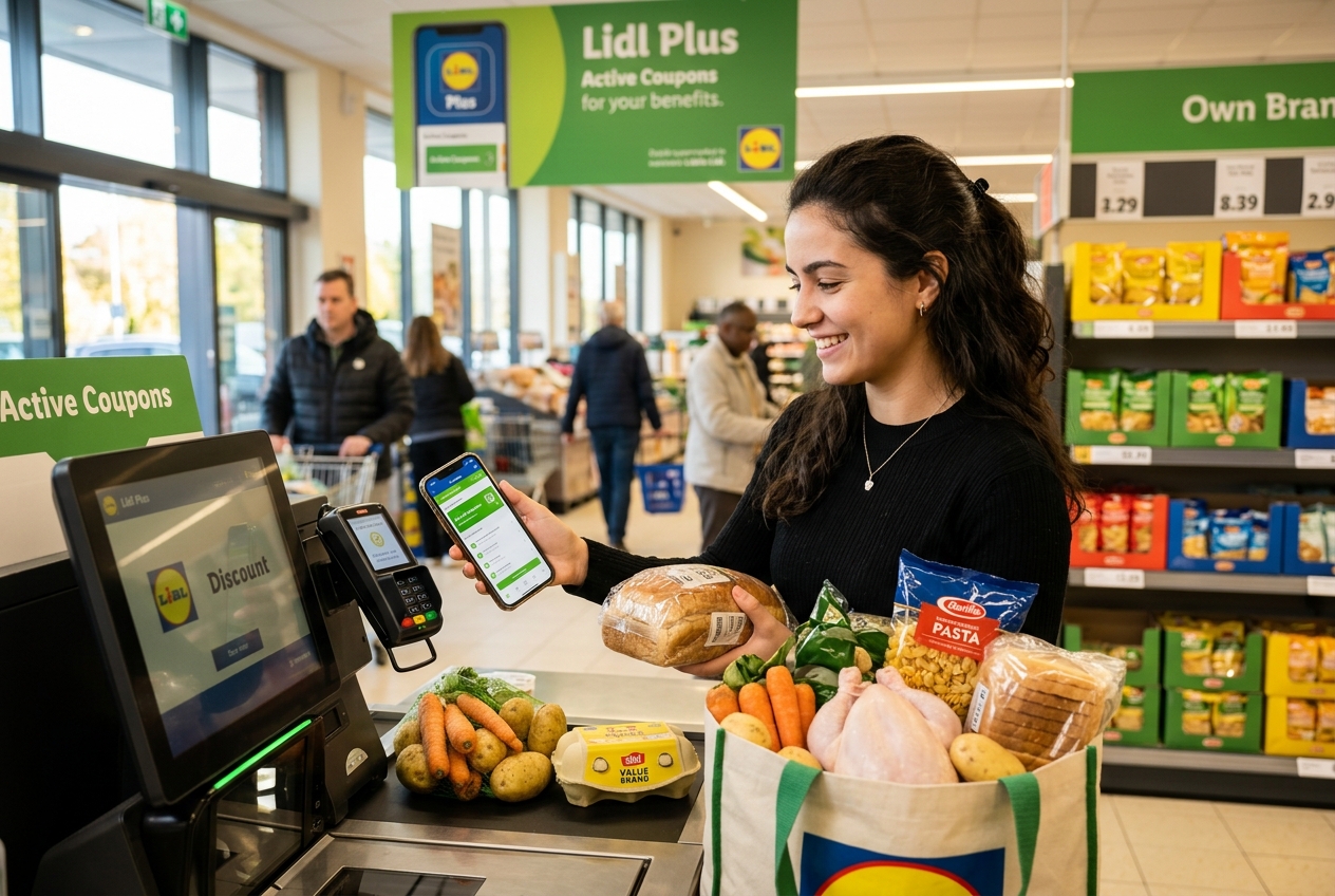 Estudante usando aplicativo de desconto no caixa de supermercado na Irlanda para economizar nas compras semanais.
