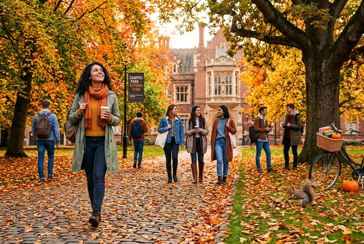Uma jovem estudante sorridente caminha por um campus universitário vibrante no outono, segurando um café. Outros estudantes, árvores com folhagem outonal colorida e um prédio histórico de tijolos compõem o cenário. No canto inferior direito, há um esquilo e abóboras decorativas.