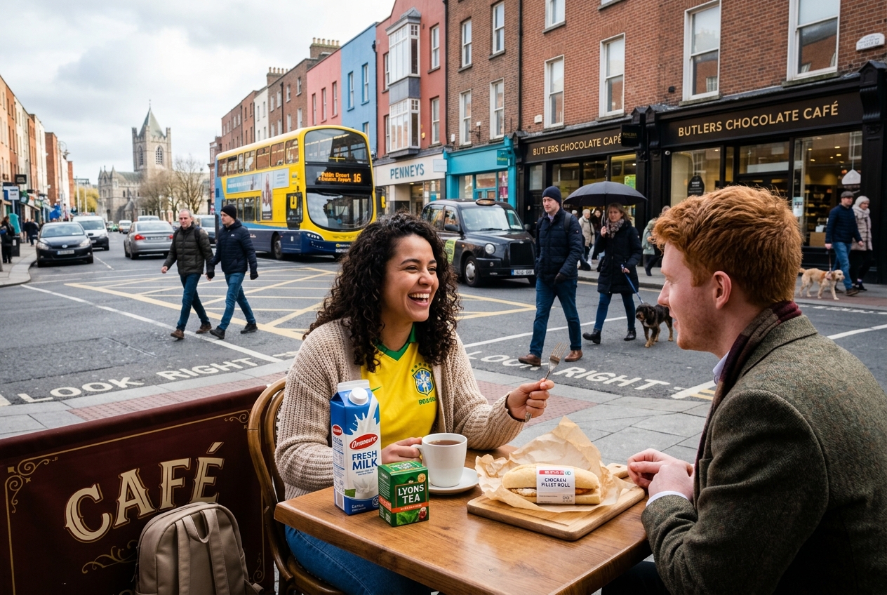 Uma estudante brasileira sorridente vestindo a camisa do Brasil sentada em um café ao ar livre em Dublin, conversando com um jovem irlandês. Sobre a mesa de madeira estão um sanduíche estilo Chicken Fillet Roll, uma xícara de chá preto, uma caixa de chá Lyons e uma caixa de leite. Ao fundo, vê-se uma rua charmosa de Dublin com ônibus amarelo de dois andares, pedestres e fachadas de tijolos à vista.