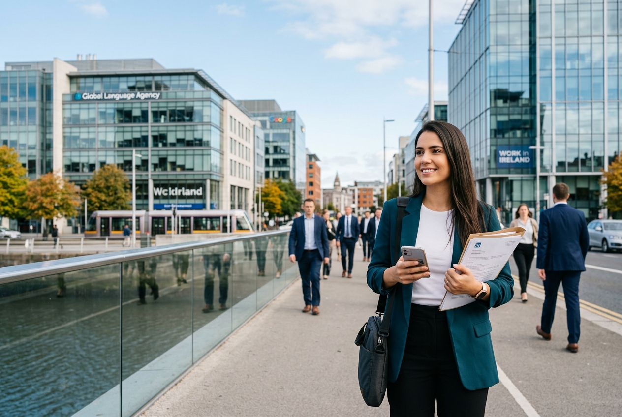 Uma jovem profissional segurando documentos e um celular enquanto caminha no distrito financeiro de Dublin em um dia ensolarado de setembro, com prédios corporativos ao fundo.